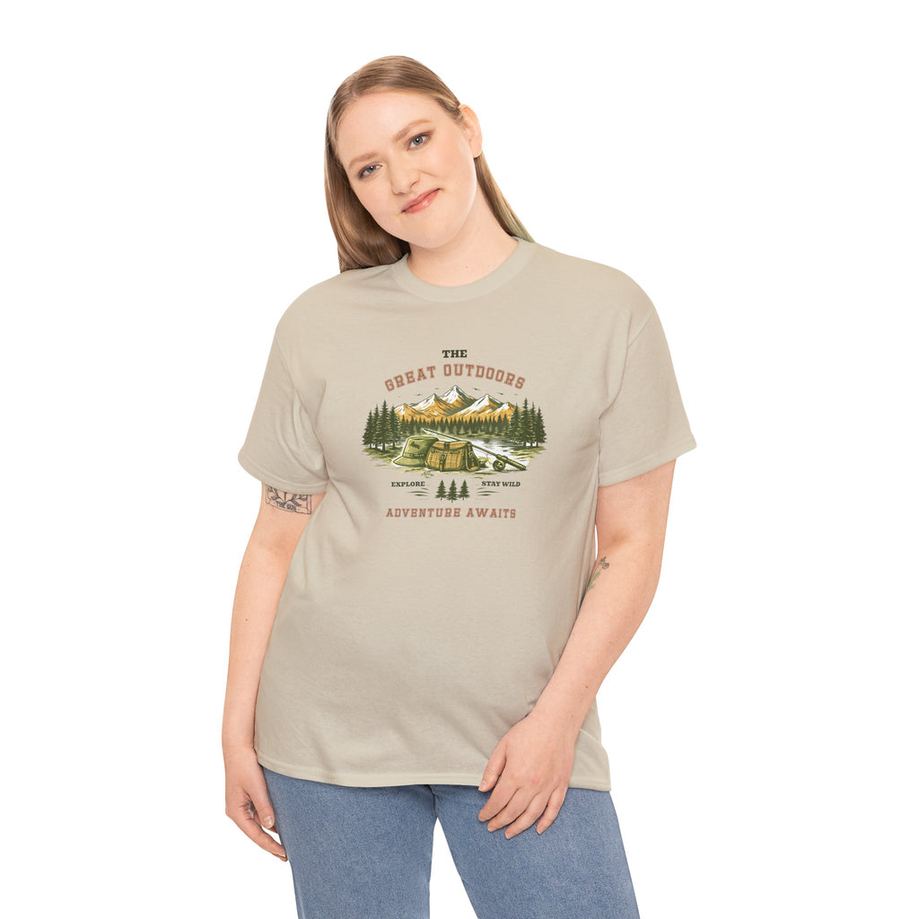 Fishing Camping T-Shirt — "The Great Outdoors: Adventure Awaits" Graphic Tee