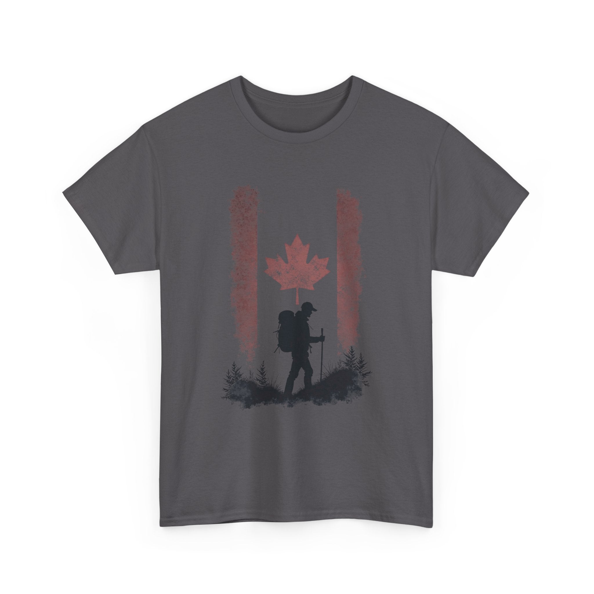 Hiking Canada T‑Shirt — Maple Leaf Backpacker Silhouette Tee