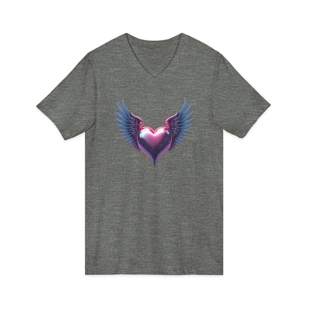 Winged Heart V-Neck Tee — Romantic Angel Wings Heart Graphic Shirt