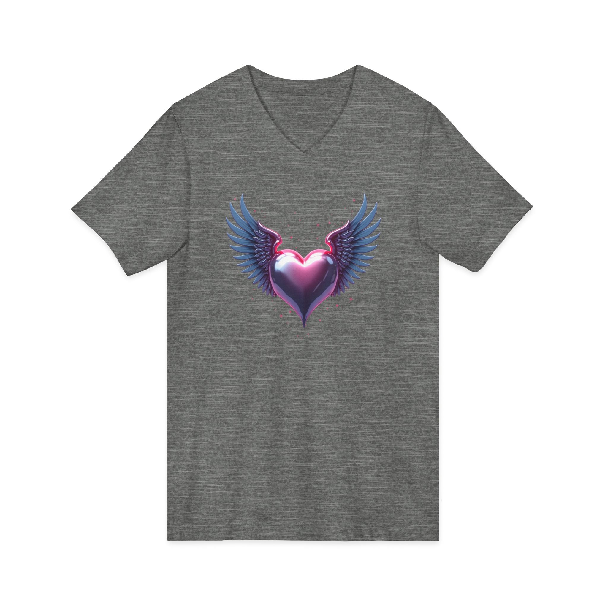 Winged Heart V-Neck Tee — Romantic Angel Wings Heart Graphic Shirt