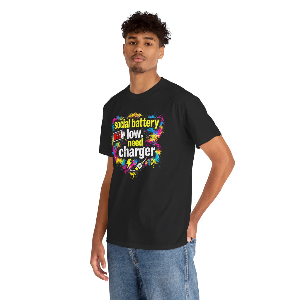 Social Battery Low Need Charger T-Shirt — Funny Sarcastic Introvert Graphic Tee