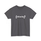 Gray t-shirt with 'still not flat' text and shoe graphic on a white background