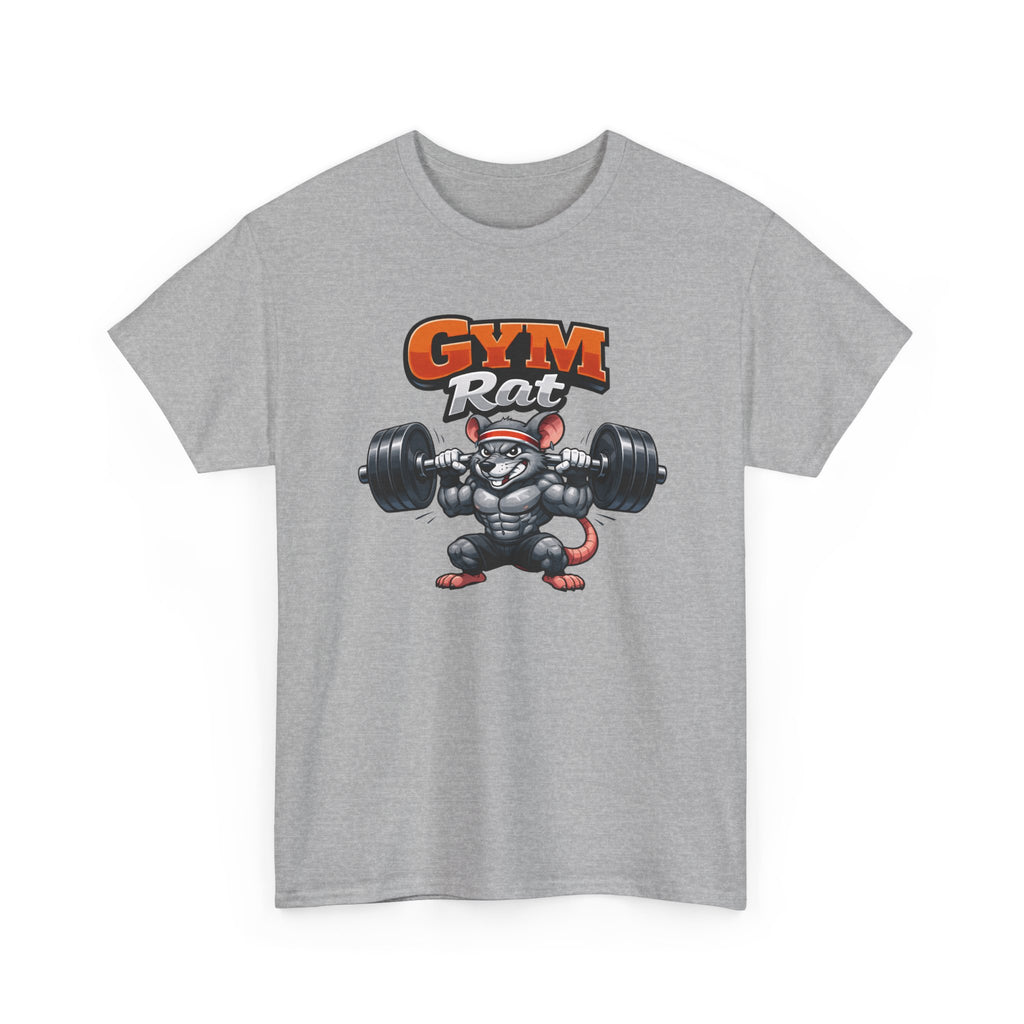 Gray t-shirt with 'Gym Rat' graphic design featuring a rat lifting weights on a white background.