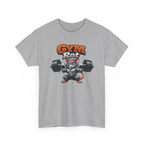 Gray t-shirt with 'Gym Rat' graphic design featuring a rat lifting weights on a white background.