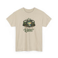 Beige t-shirt with a graphic design of a camera and mountains, and text 'Here for the View' on a white background.