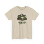 Beige t-shirt with a graphic design of a camera and mountains, and text 'Here for the View' on a white background.