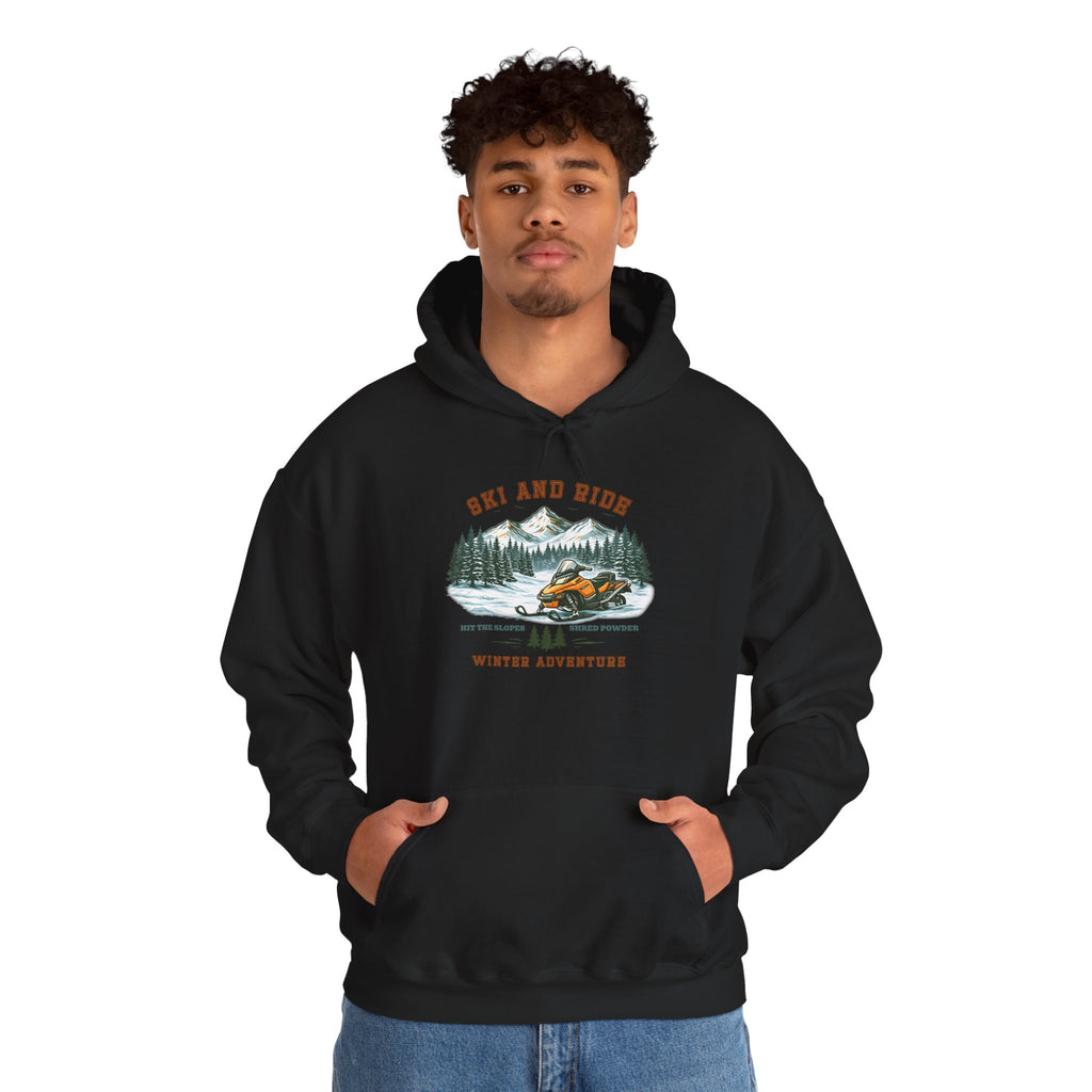 Snowmobile Ski and Ride Hoodie — Vintage Mountain Winter Adventure Pullover