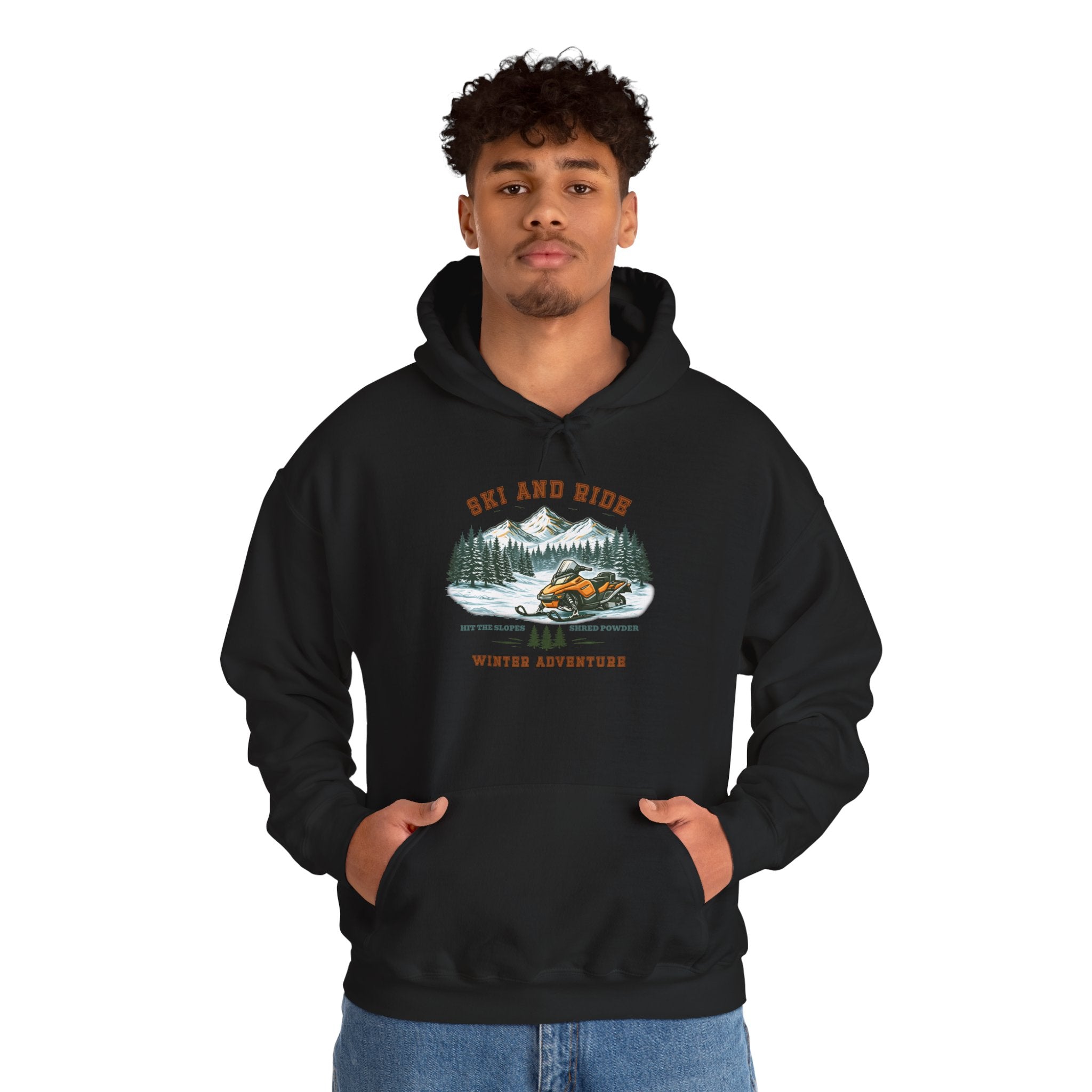 Snowmobile Ski and Ride Hoodie — Vintage Mountain Winter Adventure Pullover