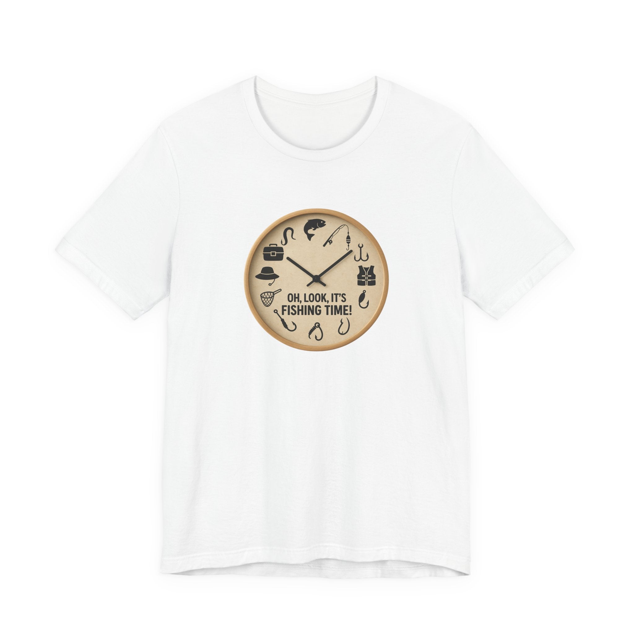 Rustic fishing-themed wall clock illustration featuring icons like fish, hooks, a tackle box, hat, life vest, and fishing rod, with bold text reading ‘Oh, look, it’s fishing time!’.