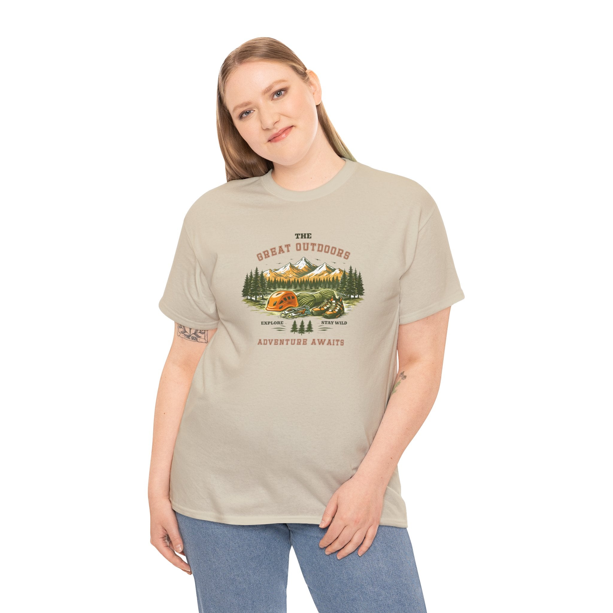 Rock Climbing Camping T-Shirt — "The Great Outdoors: Adventure Awaits" Graphic Tee
