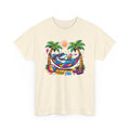 a colorful graphic of a shark lounging in a hammock between palm trees by the beach