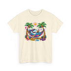 a colorful graphic of a shark lounging in a hammock between palm trees by the beach