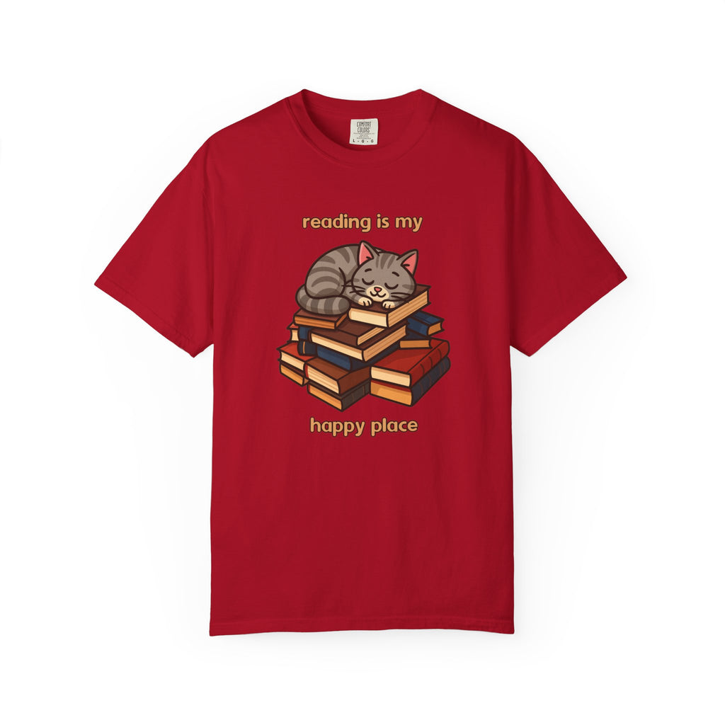 Reading Is My Happy Place T-Shirt — Cute Cat on Books Graphic Tee
