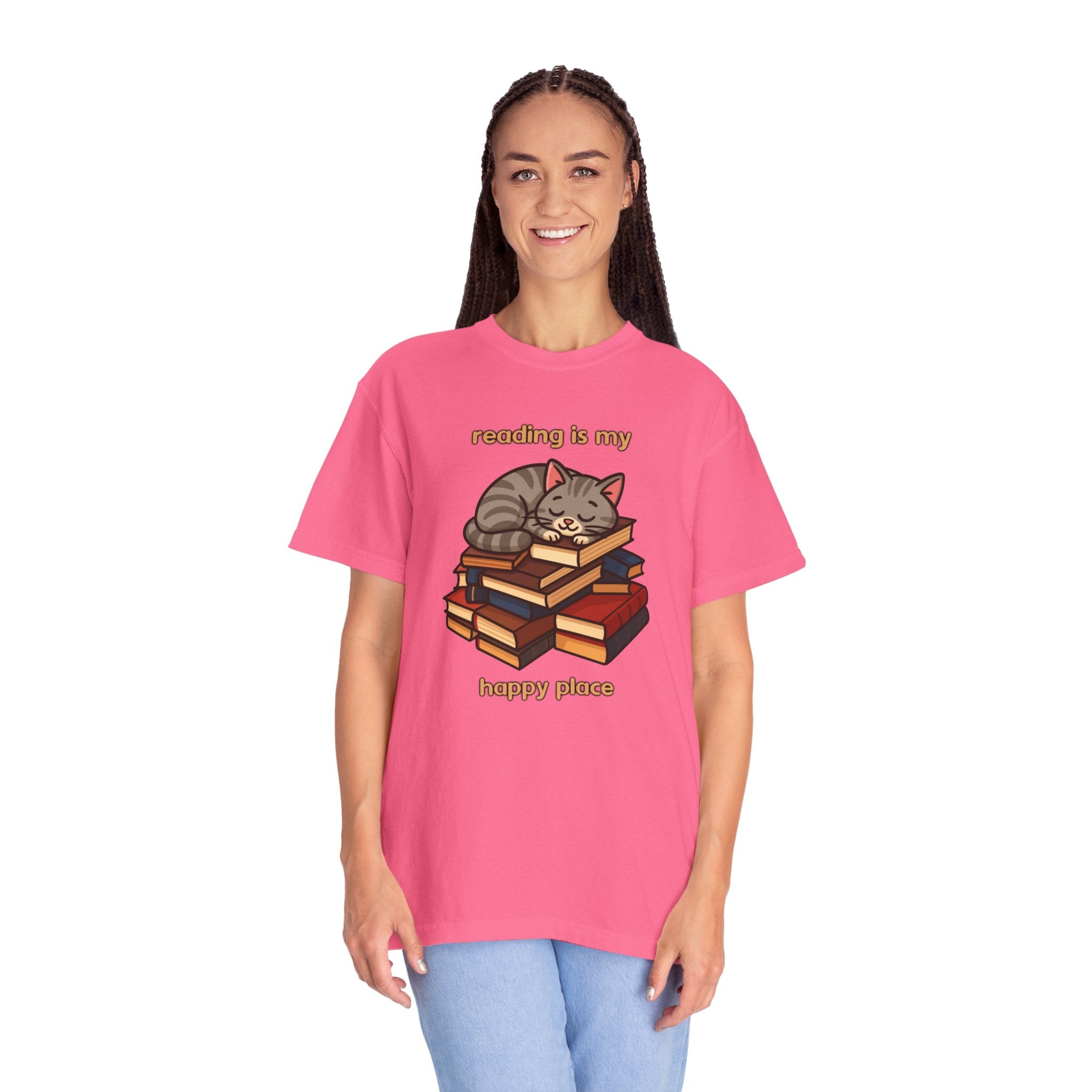 Reading Is My Happy Place T-Shirt — Cute Cat on Books Graphic Tee