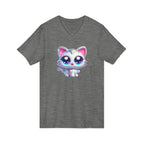 Kawaii Glitter Kitty V-Neck Tee — Cute Big-Eyed Cat Graphic Shirt