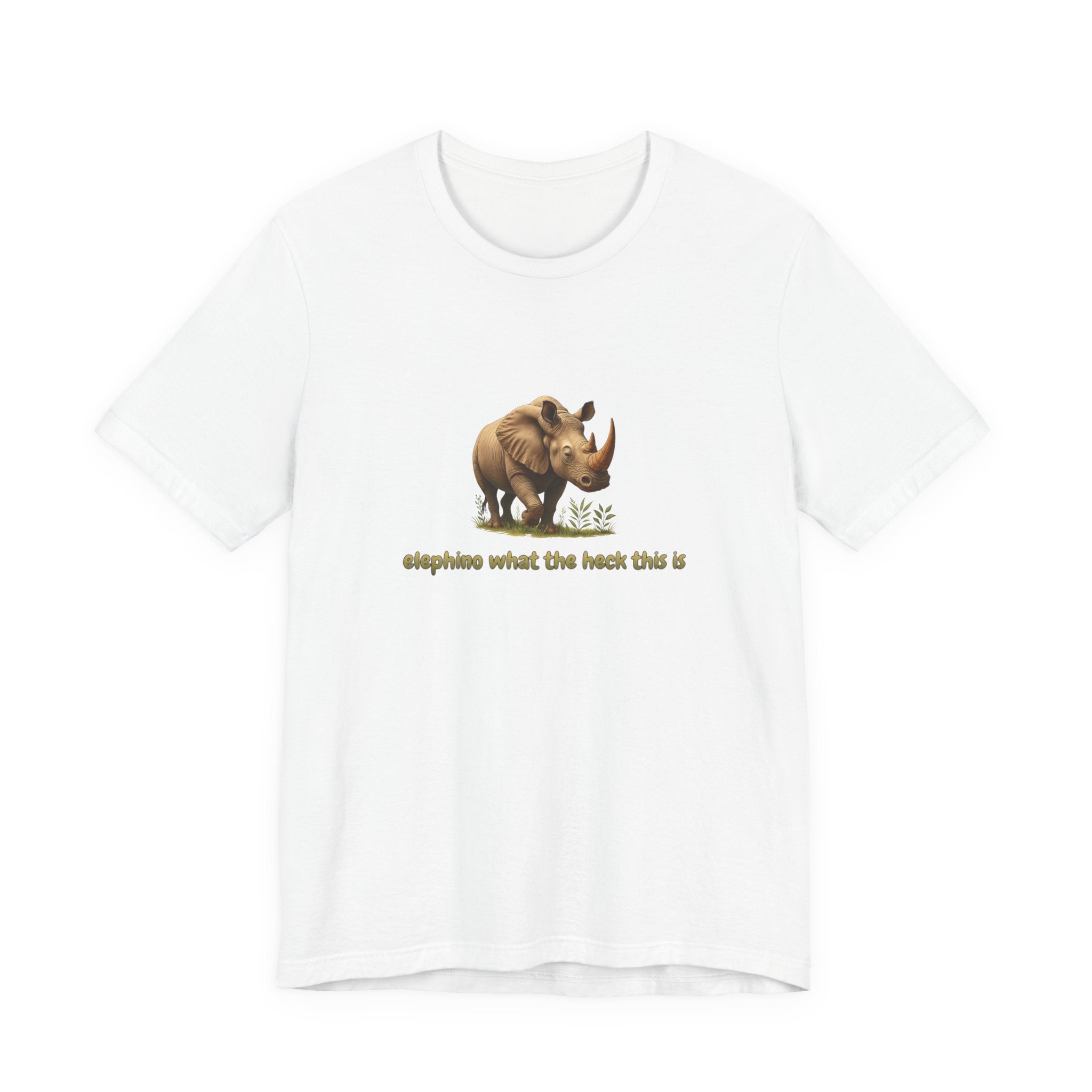 Creative artwork of an elephant-rhino hybrid surrounded by greenery, with humorous bold quote text reading ‘Elephino what the heck this is'.