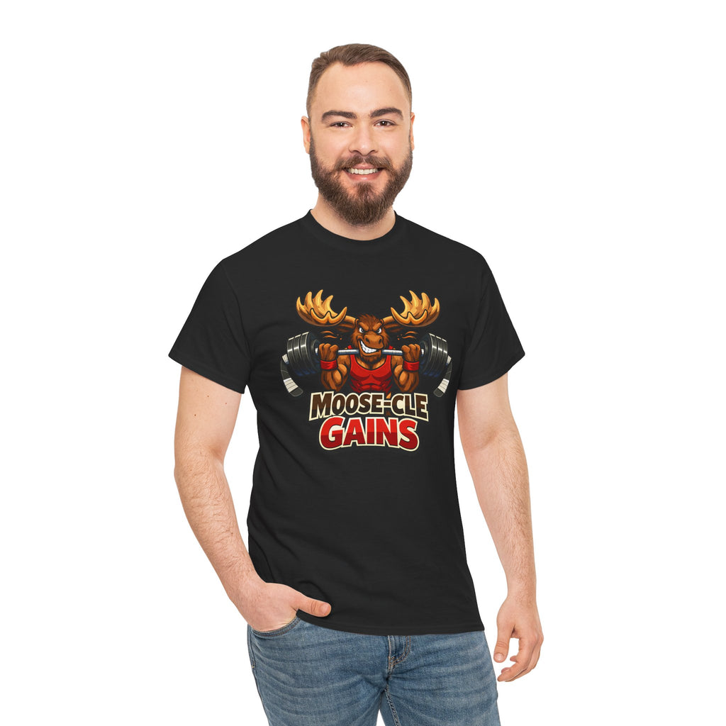 Moose-Cle Gains Tee — Funny Moose Weightlifting Gym Shirt