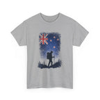 Gray t-shirt with a hiking design featuring New Zealand's flag on a white background