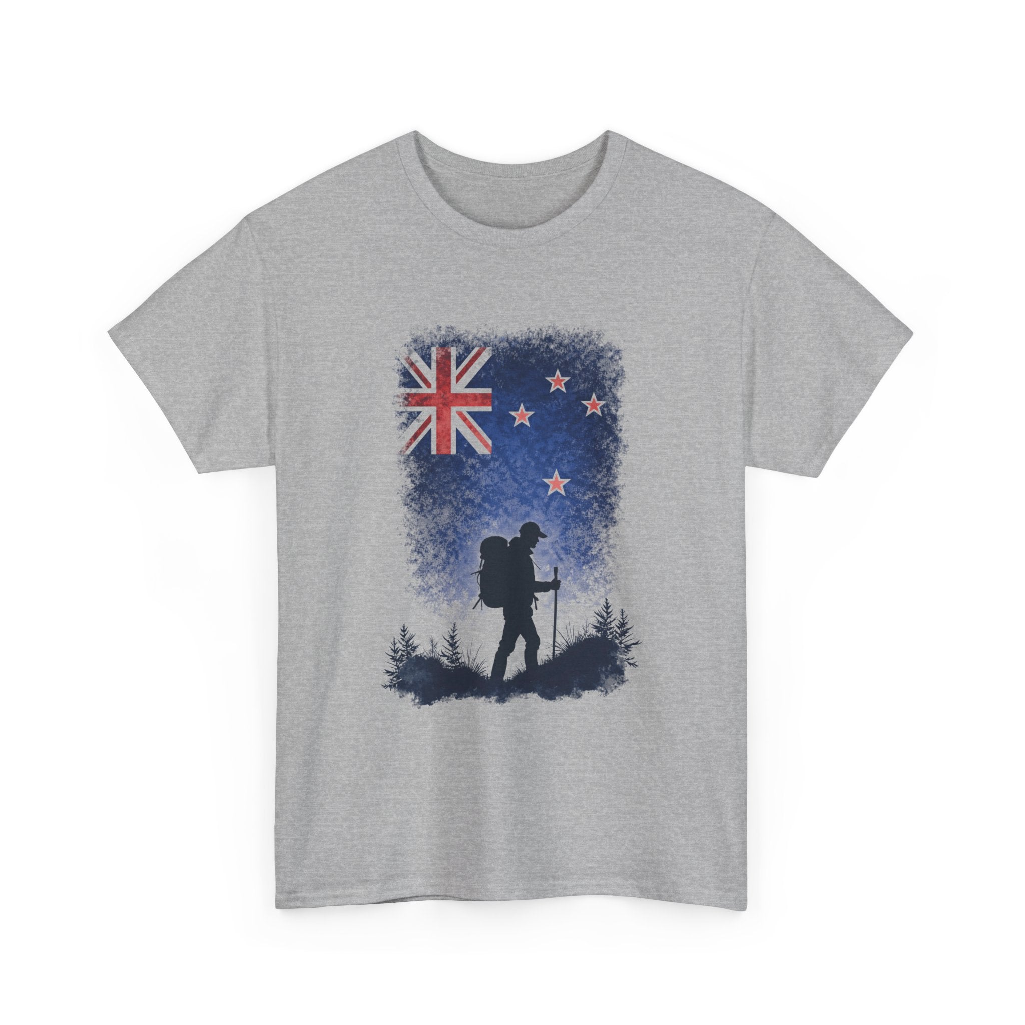 Gray t-shirt with a hiking design featuring New Zealand's flag on a white background