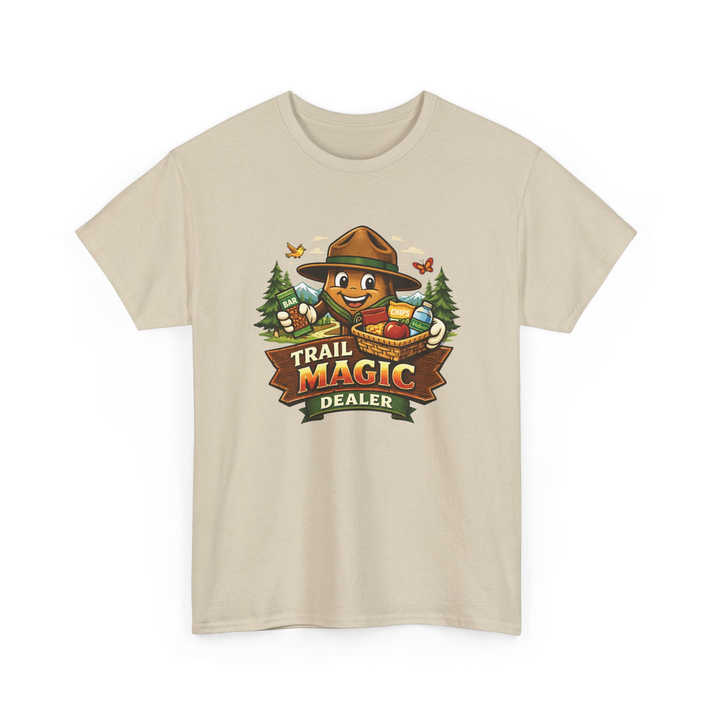 Beige t-shirt with 'Trail Magic Dealer' graphic on a white background