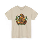 Beige t-shirt with 'Trail Magic Dealer' graphic on a white background