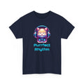 a cat with headphones on, neon pink and blue colors, with the text 'purrfect rhythm'