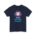 a cat with headphones on, neon pink and blue colors, with the text 'purrfect rhythm'