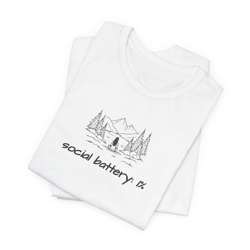 Social Battery Low T-Shirt — Minimal Camping Nature Graphic Introvert Tee