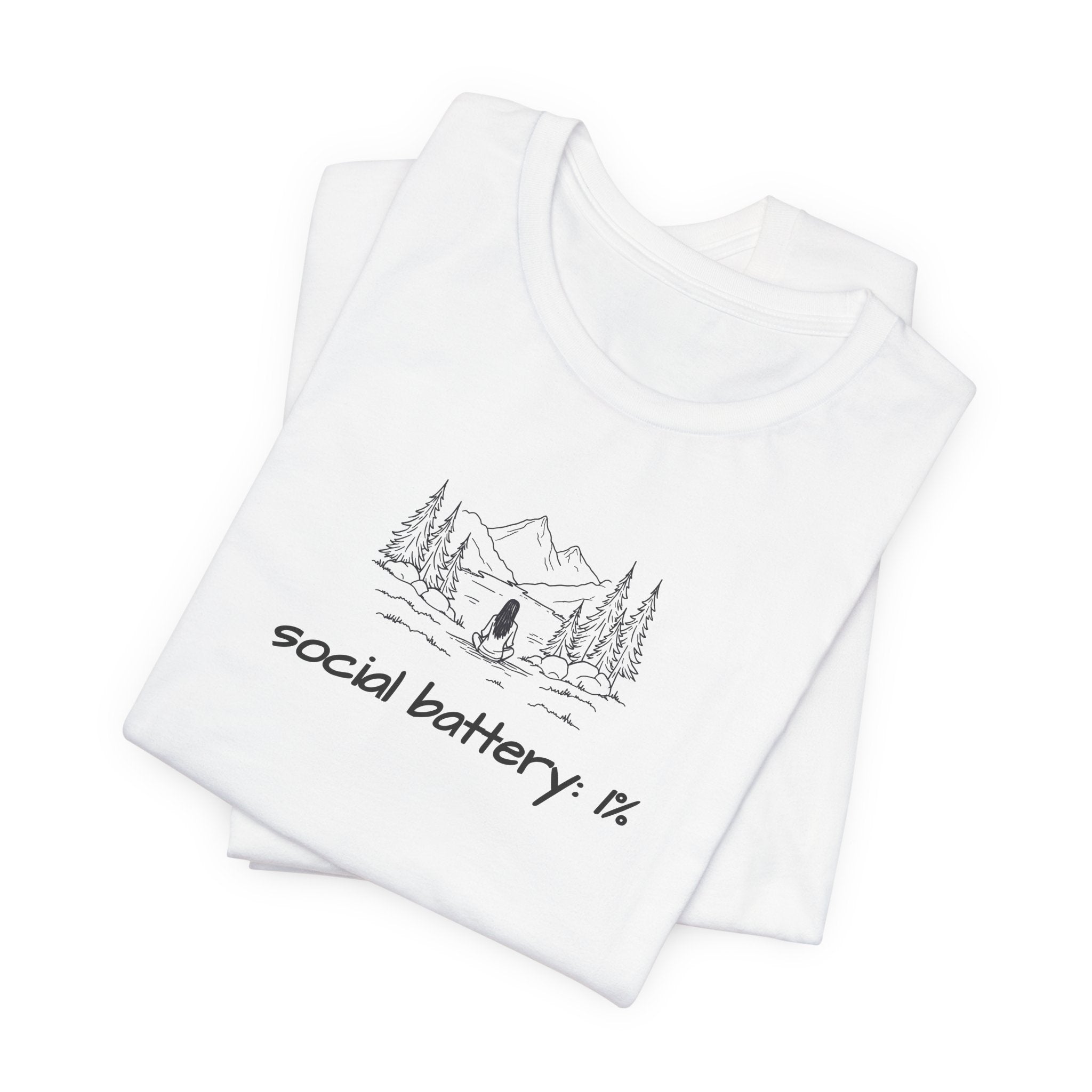 Social Battery Low T-Shirt — Minimal Camping Nature Graphic Introvert Tee