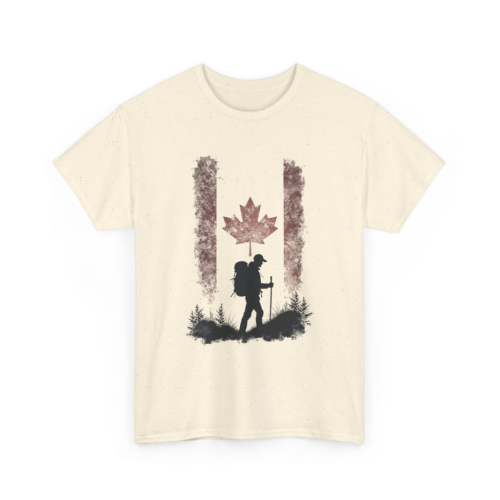 Hiking Canada T‑Shirt — Maple Leaf Backpacker Silhouette Tee