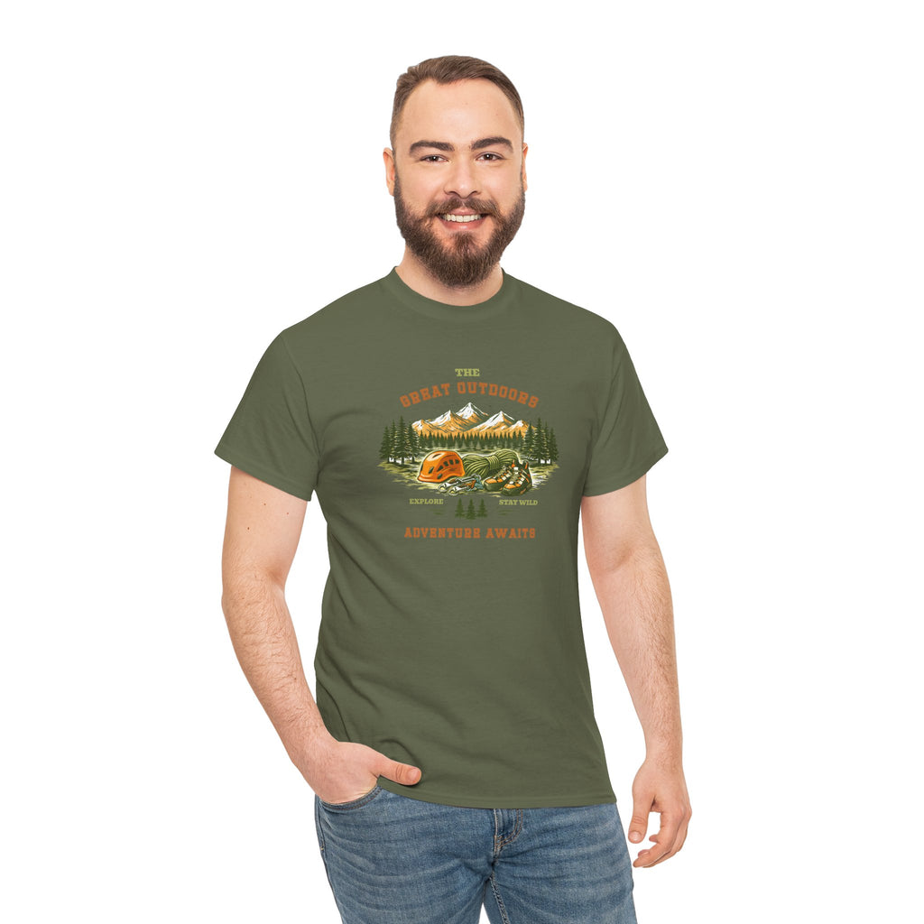 Rock Climbing Camping T-Shirt — "The Great Outdoors: Adventure Awaits" Graphic Tee