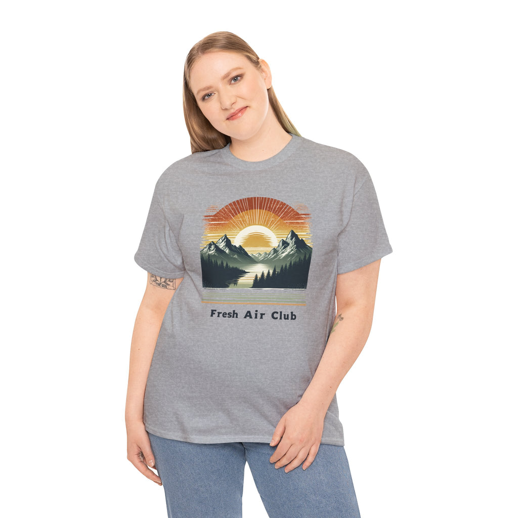 Fresh Air Club Mountain Sunset T-Shirt — Retro Outdoor Adventure Tee