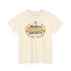 Beige t-shirt with funny 'Mediocre Achievement Society' text and design on a white background
