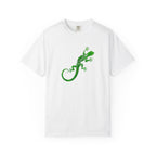 Vibrant green tribal-style gecko illustration with swirling decorative patterns on a white background.