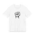White t-shirt with a black fist graphic and 'RESIST' text on a white background