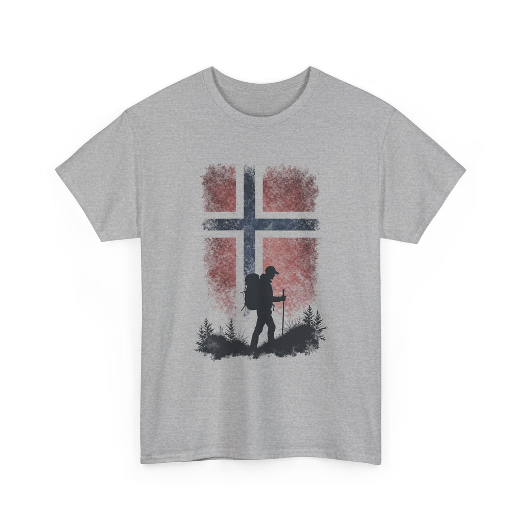 Gray t-shirt with a graphic of a person hiking in front of a cross and red pattern on a white background