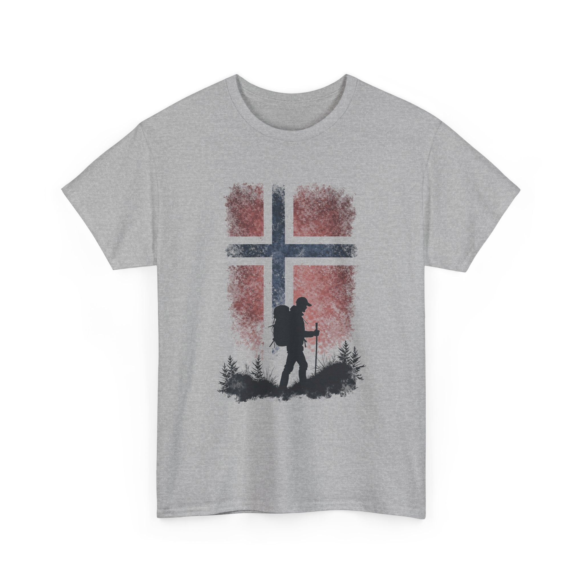 Gray t-shirt with a graphic of a person hiking in front of a cross and red pattern on a white background