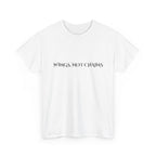 T shirt with the phrase 'wings, not chains' on the front and large metallic wings on the back.