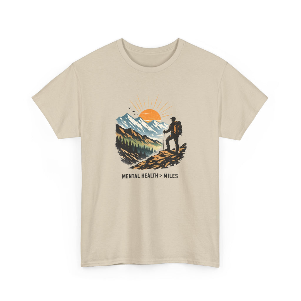 Hiking Graphic Tee — "Mental Health Greater Than Miles" Mountain Sunset Shirt