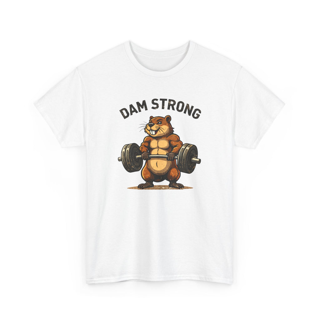 White t-shirt with a graphic of a beaver lifting weights and 'DAM STRONG' text on a white background.