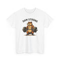 White t-shirt with a graphic of a beaver lifting weights and 'DAM STRONG' text on a white background.
