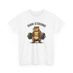 White t-shirt with a graphic of a beaver lifting weights and 'DAM STRONG' text on a white background.