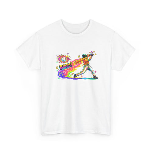 colorful graphic of a person hitting a baseball and the word 'BOOM!' on a white background.