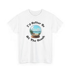 T shirt with beach-themed snow globe featuring a miniature sandy shoreline with a red lounge chair, tropical plants, blue ocean waves, and a bright sky, evoking a relaxing coastal vacation scene and the phrase 'I'd rather be at the beach'.