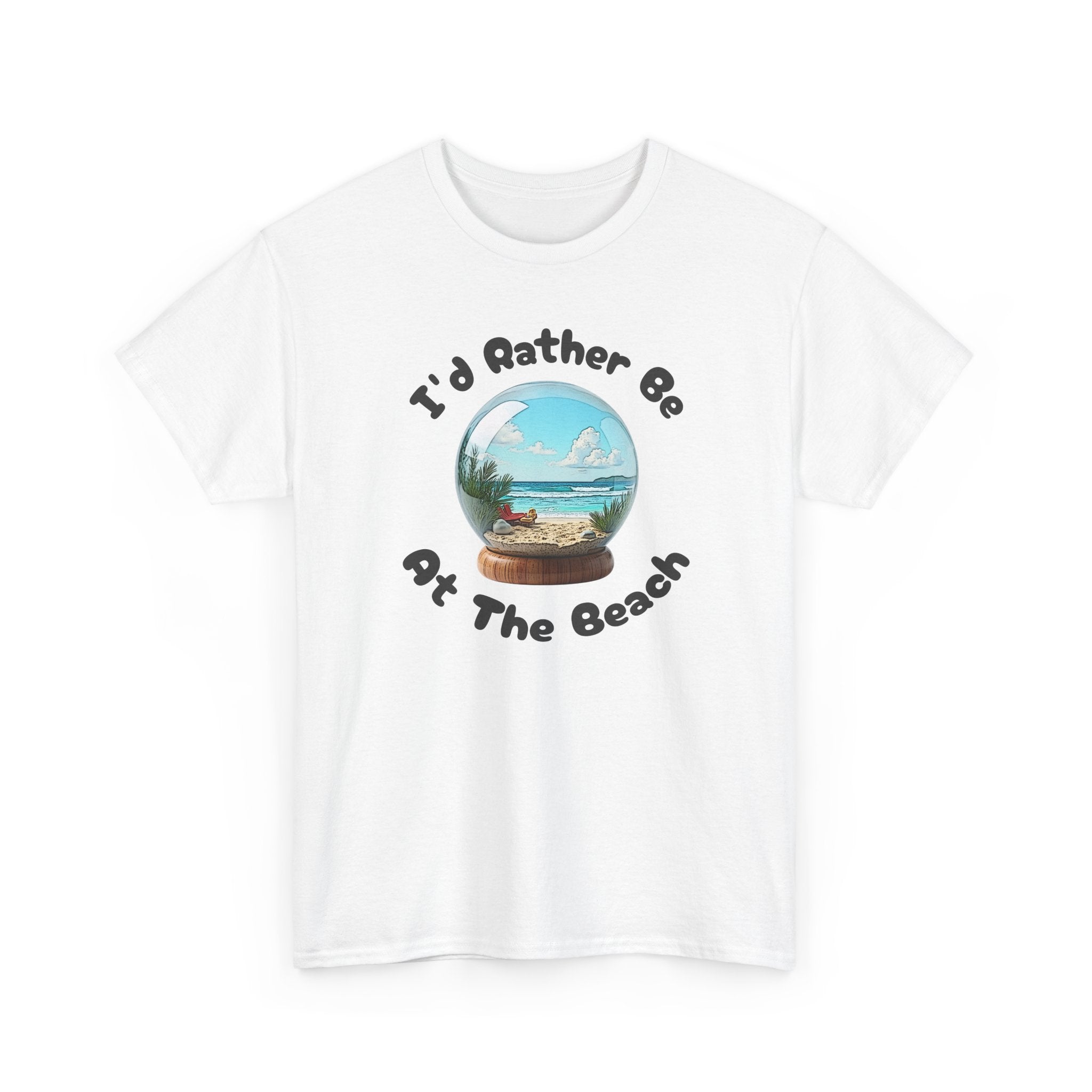 T shirt with beach-themed snow globe featuring a miniature sandy shoreline with a red lounge chair, tropical plants, blue ocean waves, and a bright sky, evoking a relaxing coastal vacation scene and the phrase 'I'd rather be at the beach'.