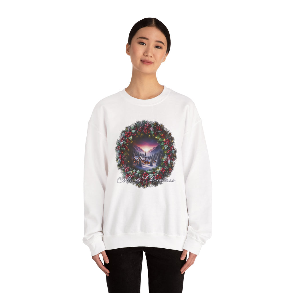 Christmas Wreath Crewneck Sweatshirt — Vintage Winter Scene Christmas Wishes
