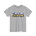 Gray t-shirt with '#1 Trash-Talk Champion' text on a white background