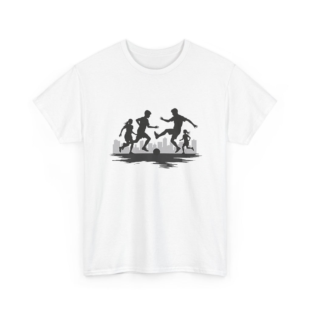 White t-shirt with black silhouette design of people playing soccer on a white background