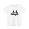 White t-shirt with black silhouette design of people playing soccer on a white background
