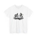 White t-shirt with black silhouette design of people playing soccer on a white background